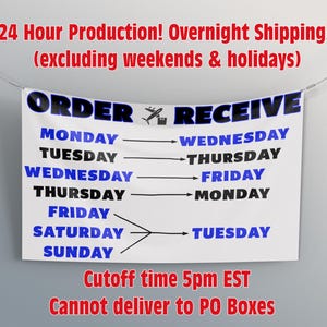 May include: A white banner with the words "ORDER RECEIVE" in blue and black. It displays a production and shipping schedule, with days of the week and corresponding delivery times. The banner also includes the text "Cutoff time 5pm EST" and "Cannot deliver to PO Boxes."