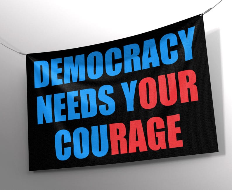 May include: A black banner with the words "DEMOCRACY NEEDS YOUR COURAGE" in blue and red block letters. The banner is hanging from a thin wire against a white background.