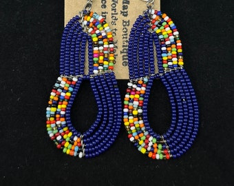 Royal Blue and Multi-Colored Beaded Earrings