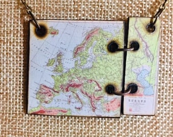 Wood Map Europe Wood Burned Necklace