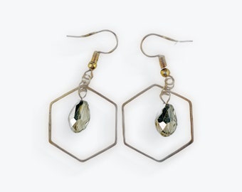 Crystal and Brass Hexagonal Earrings