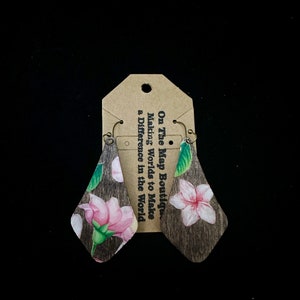 Patterned Wood Dangle Earrings Pink Floral