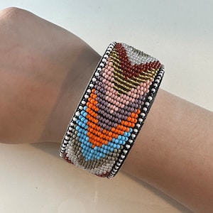 Muted Pastel Chevron Leather Beaded Cuff Bracelet