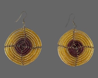 Gold and Wine Circle Earrings