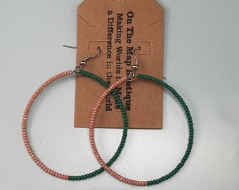 Pink and Green Beaded Hoops