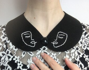 Embroidered Line Art Peterpan Collar