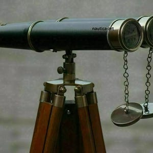 Antique Brass Finish Binocular Nautical Brass Leather Binoculars With Tripod Wooden Stand for Distant Views, Long-standing Telescope.