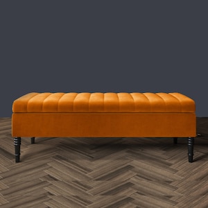 Orange Plush Velvet Ottoman Box - Burnt Orange Velvet Storage box - Ottoman Footstool with storage - storage bench - ottoman bench with storage - Entryway bench - Shoe changing bench with storage - Shoe storage bench - Velvet upholstered coffee table