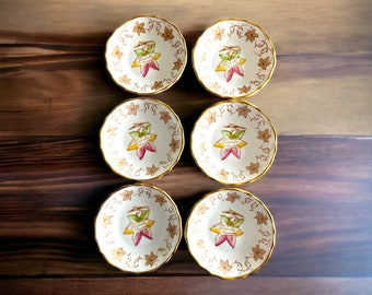 Royal Chelsea Round Sweet Meat Dish Set of 6 Toronto Maple Leaves  with Gold Trim Vintage, Made in England Bone China, Tea Party
