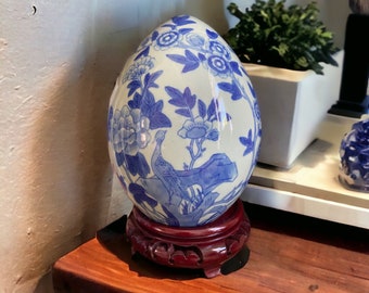 Large 9" Blue and white hand painted, ceramic Springtime and Easter decorations. Traditional-style, handmade egg decoration - Chinoiserie