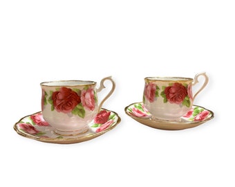 Set di 2 tazze da tè e piattini Royal Albert Old English Rose Rose rosa, porcellana inglese vintage, tazza da tè