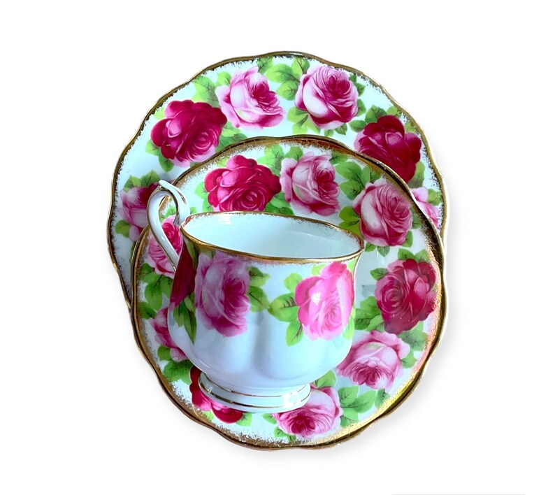 Royal Albert Old English Roses Pink Red Vintage Teacup Saucer TRIO Set