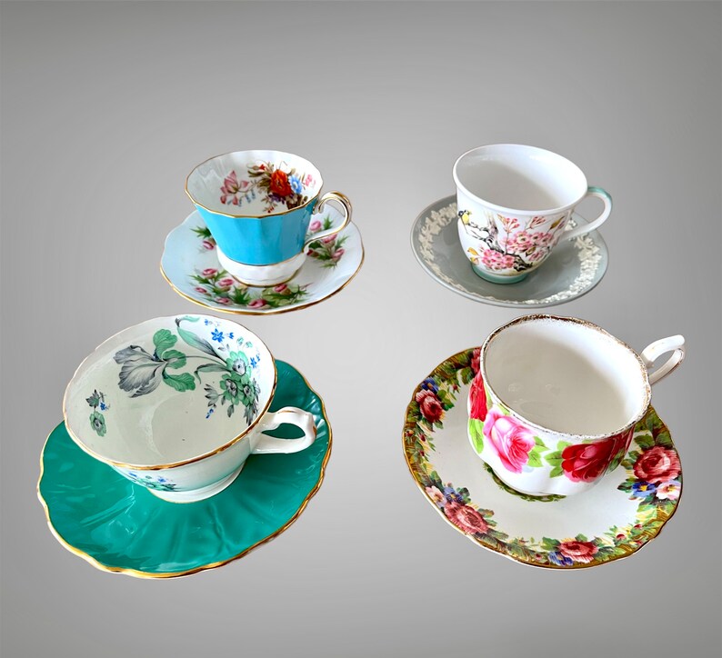 Set of 4 Totally Mismatched Bulk Tea Cups & Saucers Blue Etsy Canada