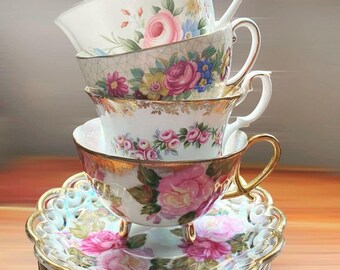 Mismatched Tea Cups and Saucers Party favors for Birthday Bridal Luncheon Baby Shower. Set of 4