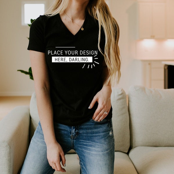 Bella Canvas 6405 Black T Shirt Mockup, Bella Canvas V-Neck Mockup, Black T Shirt Mockup, Model Mockup, 6405 Black, Lifestyle