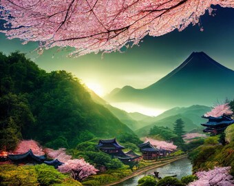 Arte de pared imprimible, Monte Fuji con flores de cerezo, Japón, Decoración del hogar, Arte de pared, Decoración de pared, Arte de pared digital, Arte de pared abstracto