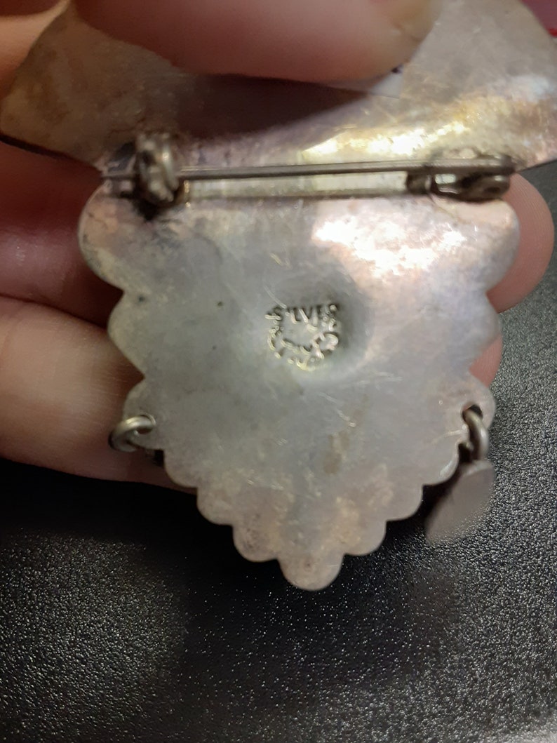 Vintage Mexican Silver Green Onyx Carved Face w Headdress PIn Brooch