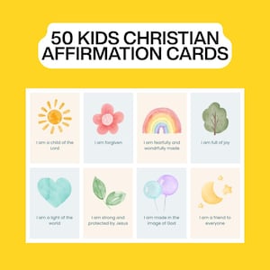 Puede incluir: Un conjunto de 50 tarjetas de afirmación cristianas para niños. Cada tarjeta presenta una ilustración en acuarela y una afirmación positiva. Las tarjetas tienen un borde amarillo e incluyen imágenes de un sol, flor, arcoíris, árbol, corazón, hojas, globos y luna.
