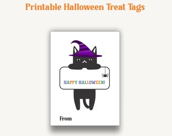 Etiquetas imprimibles para golosinas de Halloween de gato brujo, Feliz Halloween