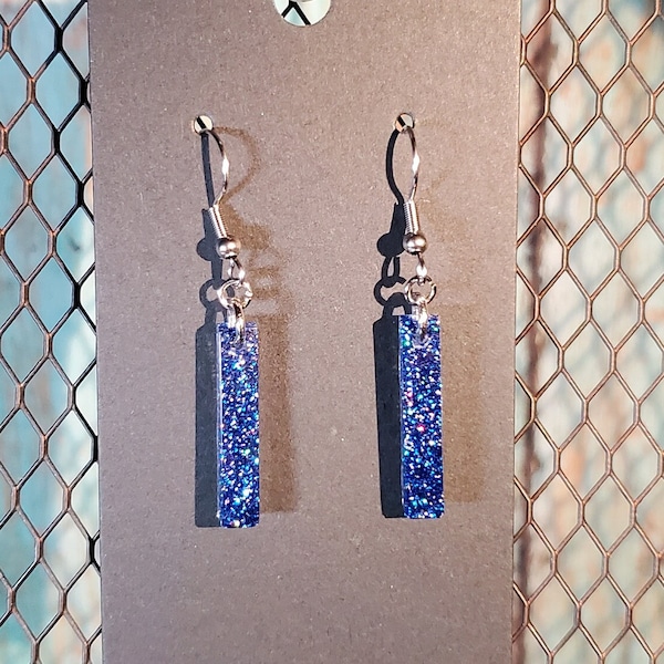 Mini Bar Resin Earrings-Blue and Holographic Silver Glitter, Resin Earrings, Fish Hook Earrings