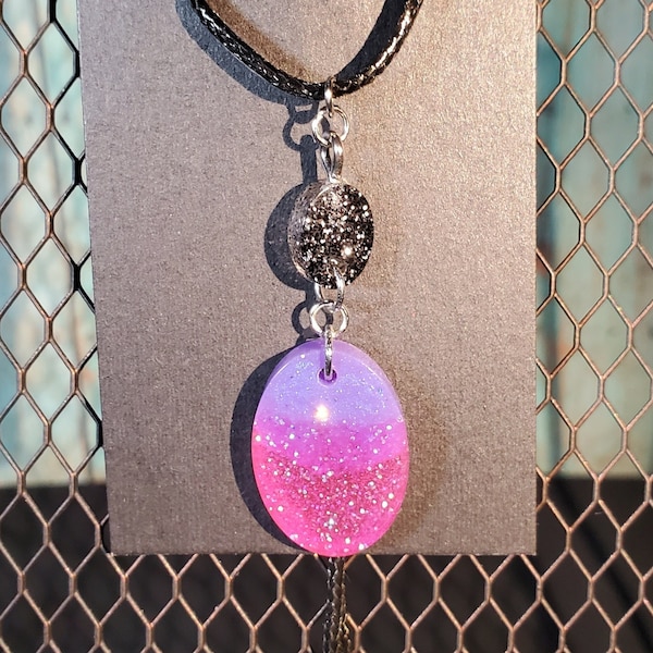 Dot Sm. Oval Resin Necklace-Purple Pearlescent/Transparent Pink with Iridescent Glitter/Black with Silver Glitter, Resin Pendant