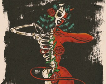 May include: A red devil woman with a skeleton body and a vine of roses growing up her spine. The image is in a vintage style with a grunge background.