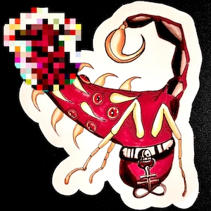 May include: A red and gold scorpion with multiple eyes and a black and white infinity symbol on its tail. The scorpion is drawn in a cartoon style.