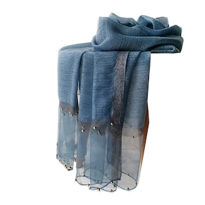 Hand made Ladies silk/wool large tussled scarf beach towel Shawl Bandanna Hijab Muffler beaded edge embellished gold mixed scarf 200 x 80 CM