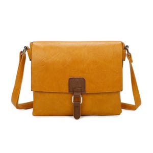 May include: Mustard yellow crossbody bag with a flap closure and adjustable shoulder strap. The bag features a brown accent on the front with a silver-coloured buckle. The bag is made of a textured material.