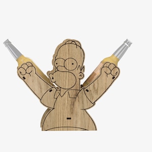 May include: Wooden beer bottle holder shaped like the cartoon character Homer Simpson, with his arms raised and holding two bottles of beer.