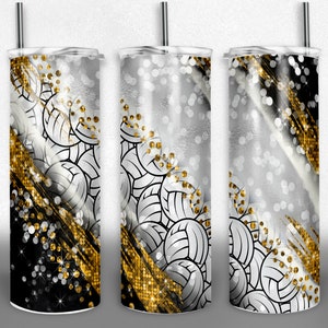 Volleyball 20oz Skinny Tumbler black and gold, high school sublimation, design template wrap, straight PNG Digital Download Commercial use