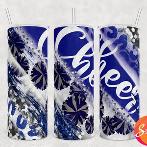 May include: Three sublimation tumblers with a blue, white, and silver design. The tumblers feature a cheerleading pom-pom design and the word "Cheer" in a white script font.