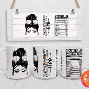 May include: White ceramic mug with a black and white illustration of a woman with a messy bun and sunglasses. The sunglasses are filled with colorful paper clips. The text "SECRETARY life" is written vertically on the mug.