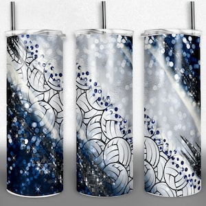 Editable tumbler wrap, volleyball png, 20oz Skinny Tumbler blue and grey, high school wrap, design template, Digital Download, Commercial