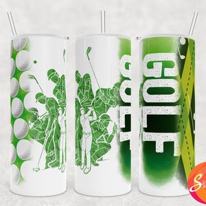 K&ouml;nnte beinhalten: Drei wei&szlig;e Edelstahlbecher mit gr&uuml;nen und wei&szlig;en Designs. Ein Becher zeigt ein Golf-Motiv mit dem Wort "GOLF" in wei&szlig;er Schrift. Ein weiterer Becher zeigt eine gr&uuml;ne Silhouette von Golfspielern, die Golf spielen. Der dritte Becher zeigt ein gr&uuml;nes und wei&szlig;es Golfballmuster.