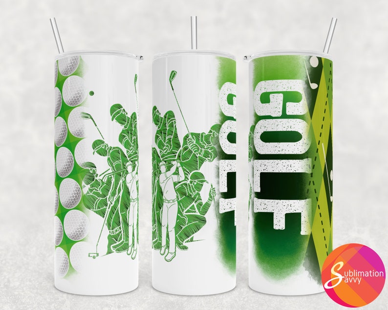 K&ouml;nnte beinhalten: Drei wei&szlig;e Edelstahlbecher mit gr&uuml;nen und wei&szlig;en Designs. Ein Becher zeigt ein Golf-Motiv mit dem Wort "GOLF" in wei&szlig;er Schrift. Ein weiterer Becher zeigt eine gr&uuml;ne Silhouette von Golfspielern, die Golf spielen. Der dritte Becher zeigt ein gr&uuml;nes und wei&szlig;es Golfballmuster.