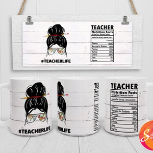 Design de sublimação de coque bagunçado de vida de professor para caneca Cricut de 15 oz, caneca de café com informações nutricionais, presente de aniversário faça você mesmo para mulher, presente de fim de ano