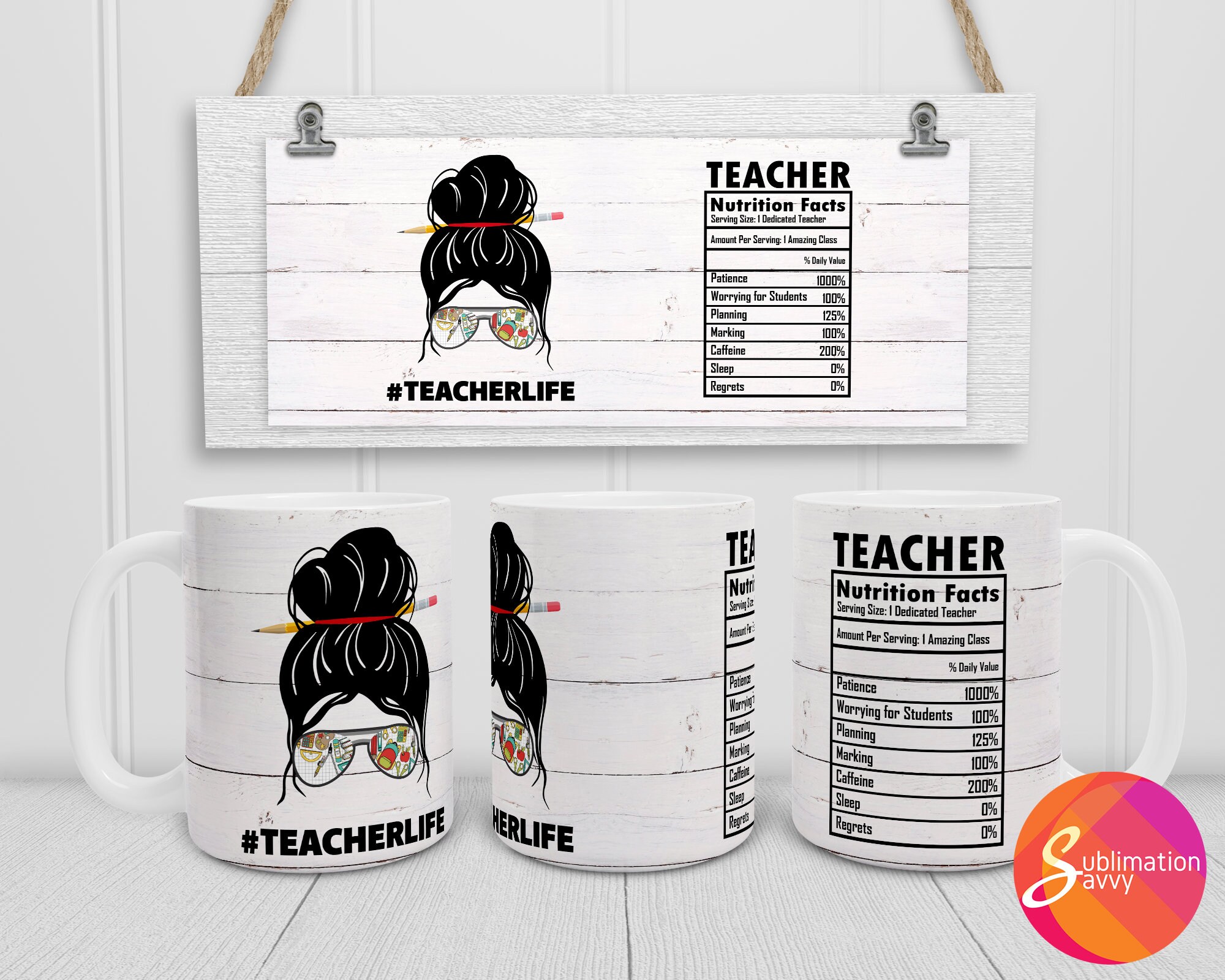 Teacher Life Messy Bun Sublimation Design for 15 Oz Cricut - Etsy