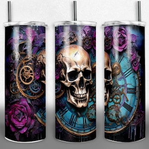 Skull sublimation tumbler for halloween, day of the dead tumbler wrap for her, straight skinny 20 oz tumbler, diy birthday gift for mom