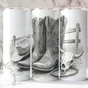 Fichiers de sublimation de bottes de cowboy pour les gobelets, emballage de gobelet western pour lui, emballage de gobelet skinny 20 oz pour rodéo, équitation png thumbnail
