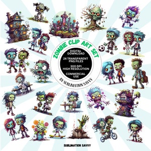 Zombie Clipart PNG Set, 24 Halloween clipart, commercial use clip art, watercolor design, PNG Undead illustrations, transparent PNG
