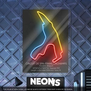 May include: A neon sign featuring the Circuit de Spa-Francorchamps race track in Belgium. The track outline is illuminated with yellow, blue, and red neon lights. The sign includes the track's name, location, and dimensions: 4.352 miles (7.004 km).
