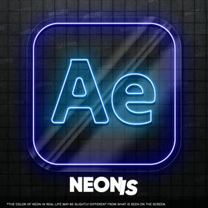 Könnte beinhalten: Ein blaues Neon-Schild mit den Buchstaben "Ae" in einem Quadrat mit abgerundeten Ecken. Das Wort "NEONIS" steht darunter in Weiß, mit einem Haftungsausschluss unten. Das Neon leuchtet vor einem dunklen, strukturierten Hintergrund.
