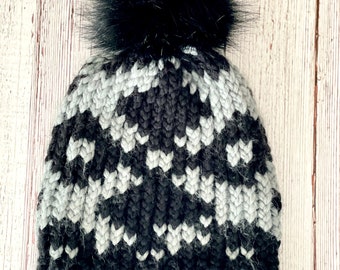 Hand Knit Light Black and Gray Hat with Faux Fur Pom Pom
