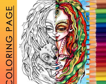 Premium Coloring Page / Fairy coloring art / Printable Adult Women Colouring Pages / Download Grayscale  Kids Artist Coloring Page