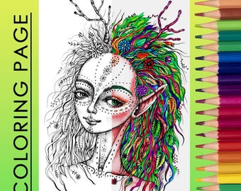 Premium Coloring Page / Fairy coloring art / Printable Adult Women Colouring Pages / Download Grayscale  Kids Artist Coloring Page