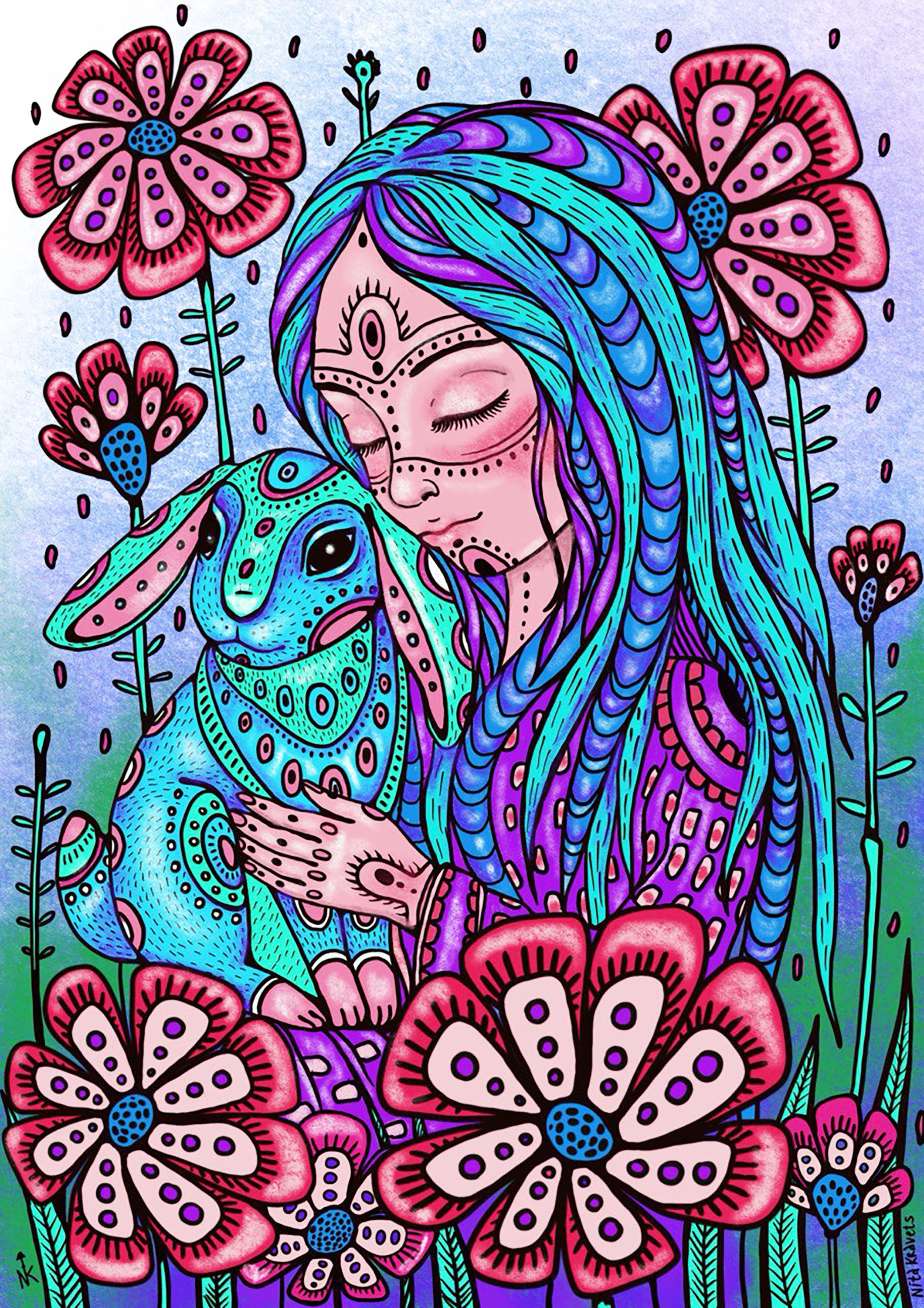 Premium Coloring Page / Fairy Bunny Coloring Art / Printable Adult ...