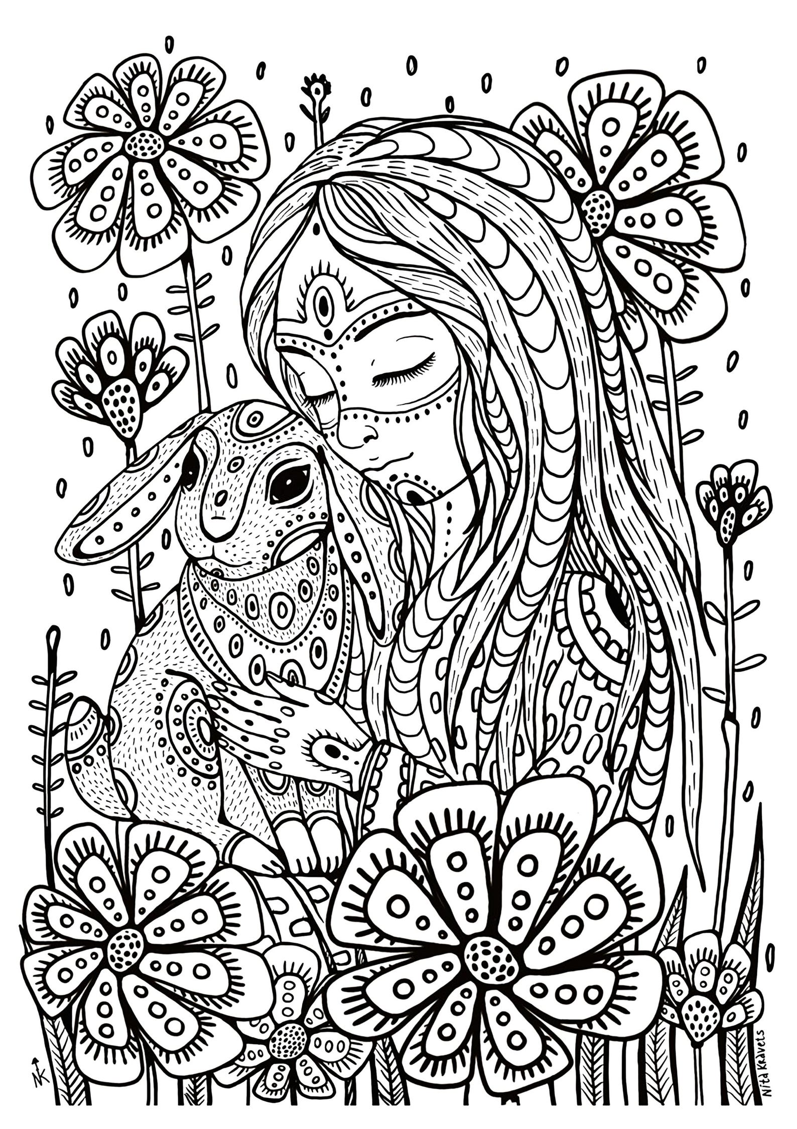Premium Coloring Page / Fairy Bunny Coloring Art / Printable Adult ...