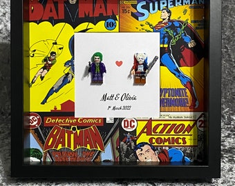 Personalised Superhero Minifigure Couple Frame, Wedding Gift, Present for Anniversary Engaged Birthday Valentines