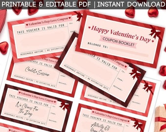 Valentines Printable Love Coupons | Editable Digital DIY Gift Ideas Pre-Filled For Him For Her | Printables Template Vouchers PDF Download